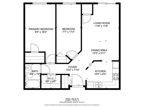 Floor plan for 1 bed, 1 bath, 778 sqft